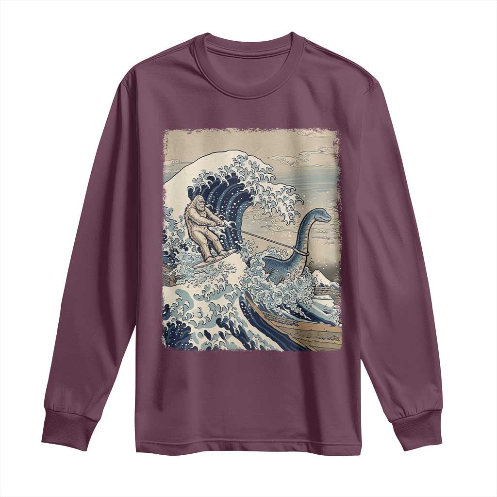 Funny Bigfoot Water Skiing Behind Nessie Long Sleeve Shirt Ukiyoe Inspired Wave Art