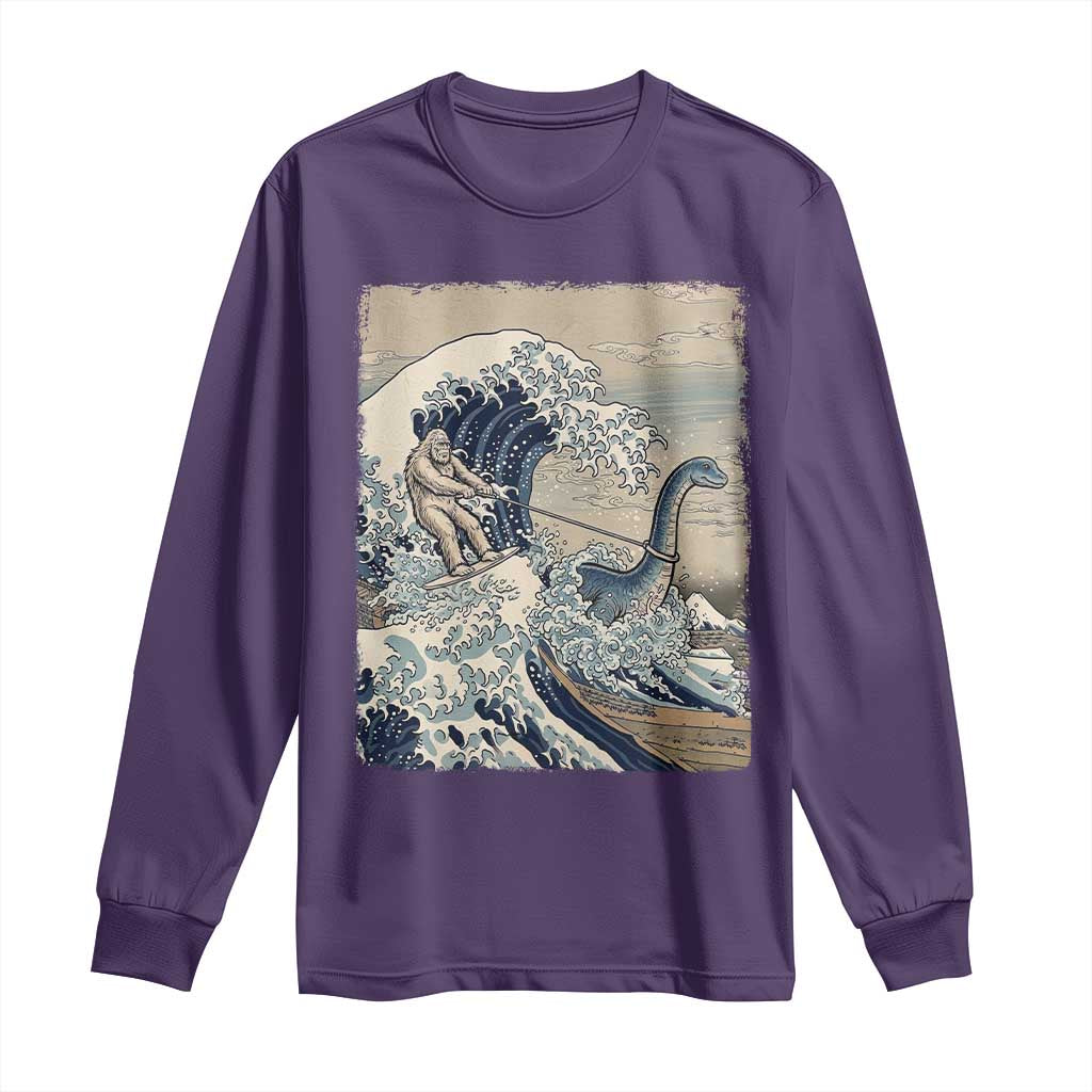 Funny Bigfoot Water Skiing Behind Nessie Long Sleeve Shirt Ukiyoe Inspired Wave Art