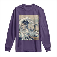 Funny Bigfoot Water Skiing Behind Nessie Long Sleeve Shirt Ukiyoe Inspired Wave Art