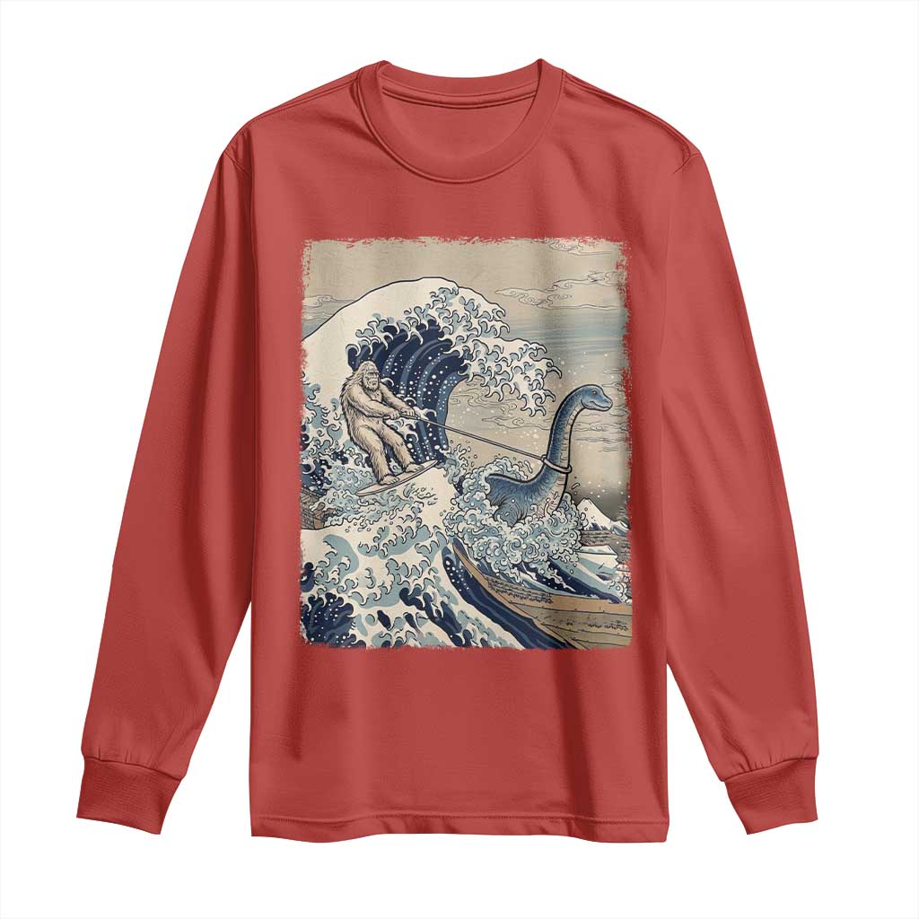 Funny Bigfoot Water Skiing Behind Nessie Long Sleeve Shirt Ukiyoe Inspired Wave Art