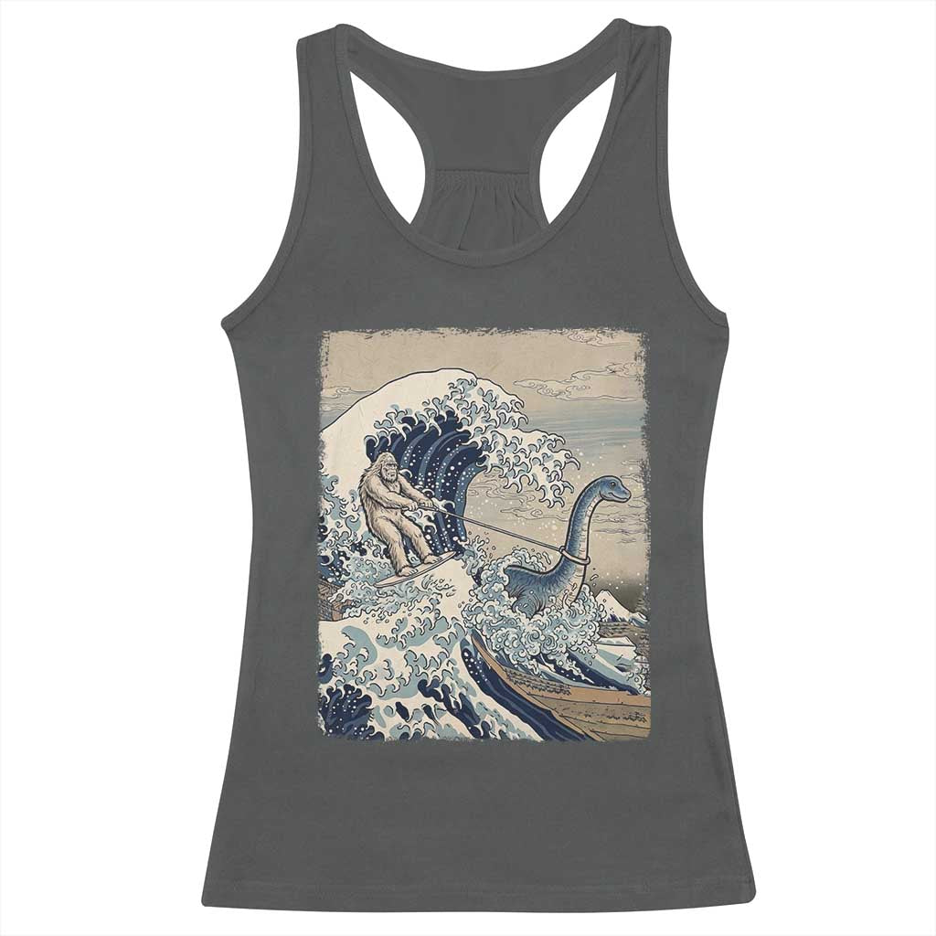 Funny Bigfoot Water Skiing Behind Nessie Racerback Tank Top Ukiyoe Inspired Wave Art