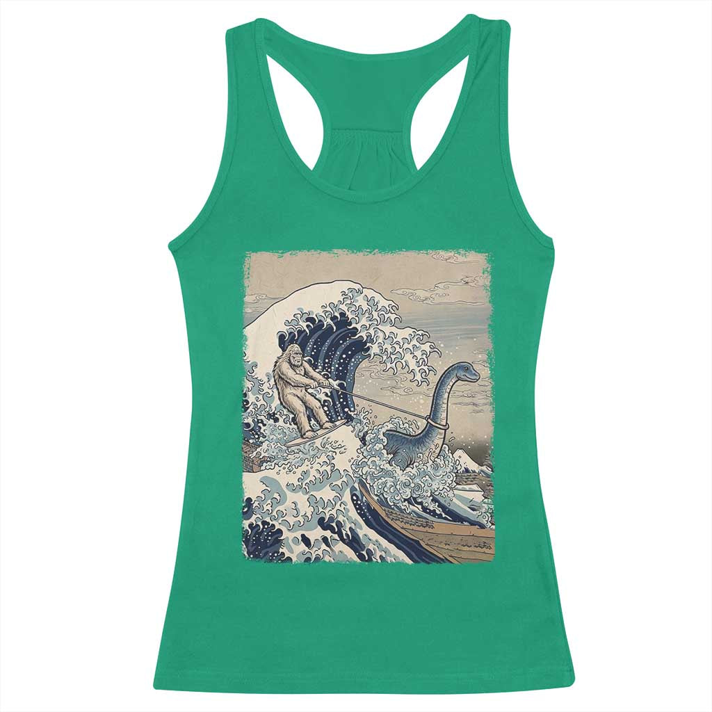Funny Bigfoot Water Skiing Behind Nessie Racerback Tank Top Ukiyoe Inspired Wave Art