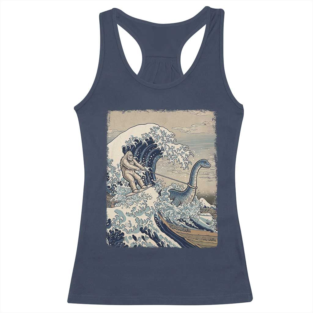 Funny Bigfoot Water Skiing Behind Nessie Racerback Tank Top Ukiyoe Inspired Wave Art