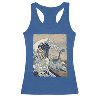 Funny Bigfoot Water Skiing Behind Nessie Racerback Tank Top Ukiyoe Inspired Wave Art