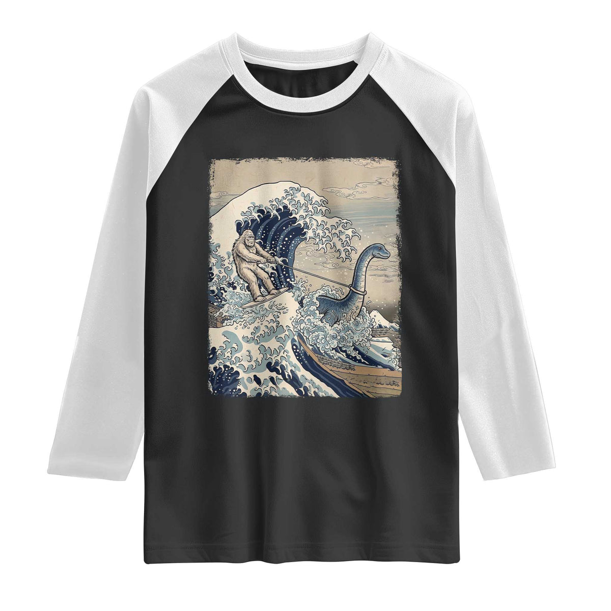 Funny Bigfoot Water Skiing Behind Nessie Raglan Shirt Ukiyoe Inspired Wave Art