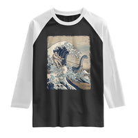 Funny Bigfoot Water Skiing Behind Nessie Raglan Shirt Ukiyoe Inspired Wave Art