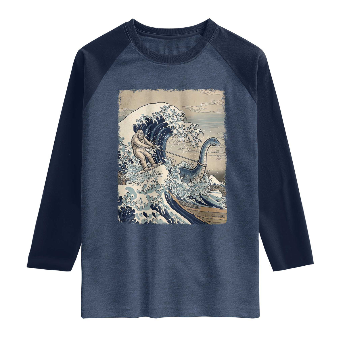 Funny Bigfoot Water Skiing Behind Nessie Raglan Shirt Ukiyoe Inspired Wave Art