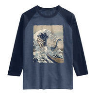 Funny Bigfoot Water Skiing Behind Nessie Raglan Shirt Ukiyoe Inspired Wave Art