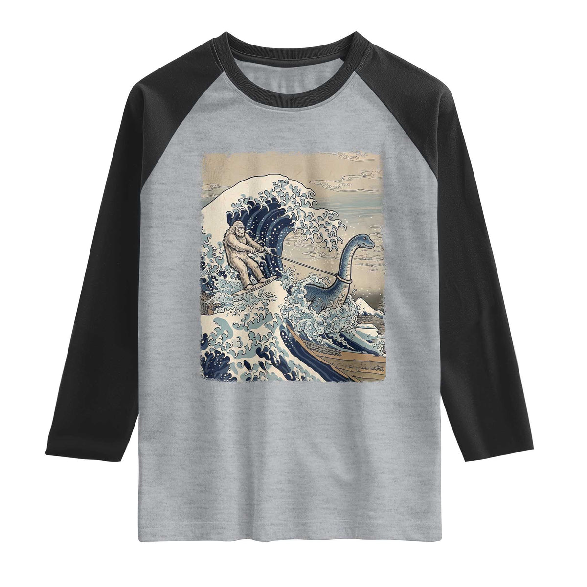 Funny Bigfoot Water Skiing Behind Nessie Raglan Shirt Ukiyoe Inspired Wave Art