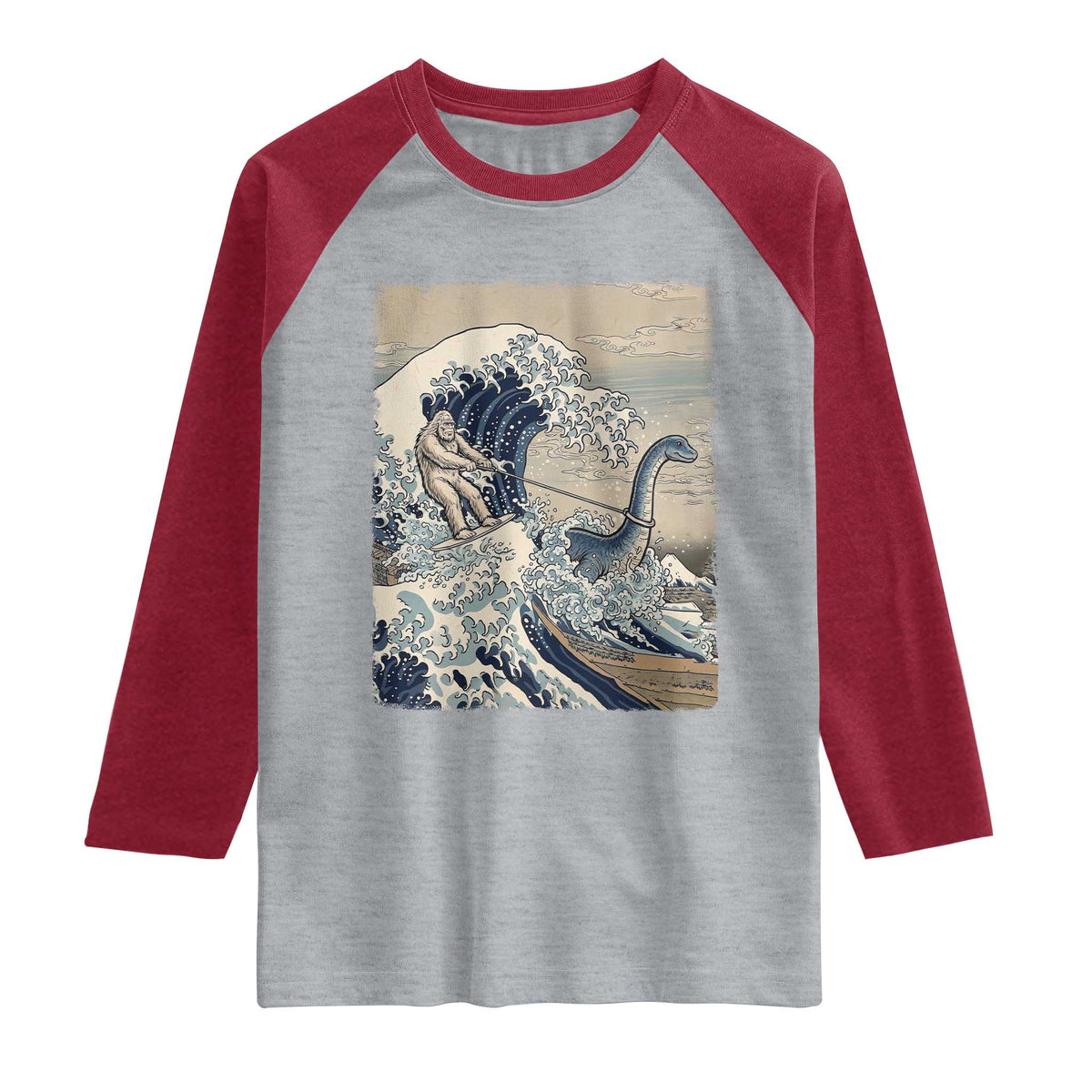 Funny Bigfoot Water Skiing Behind Nessie Raglan Shirt Ukiyoe Inspired Wave Art