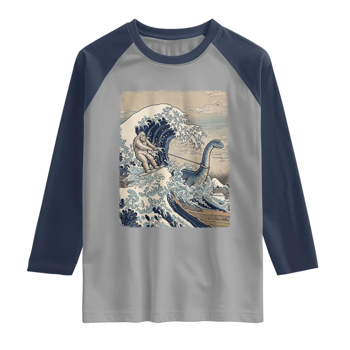 Funny Bigfoot Water Skiing Behind Nessie Raglan Shirt Ukiyoe Inspired Wave Art
