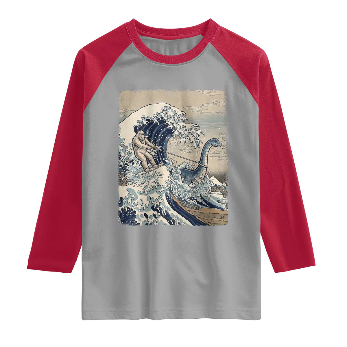 Funny Bigfoot Water Skiing Behind Nessie Raglan Shirt Ukiyoe Inspired Wave Art