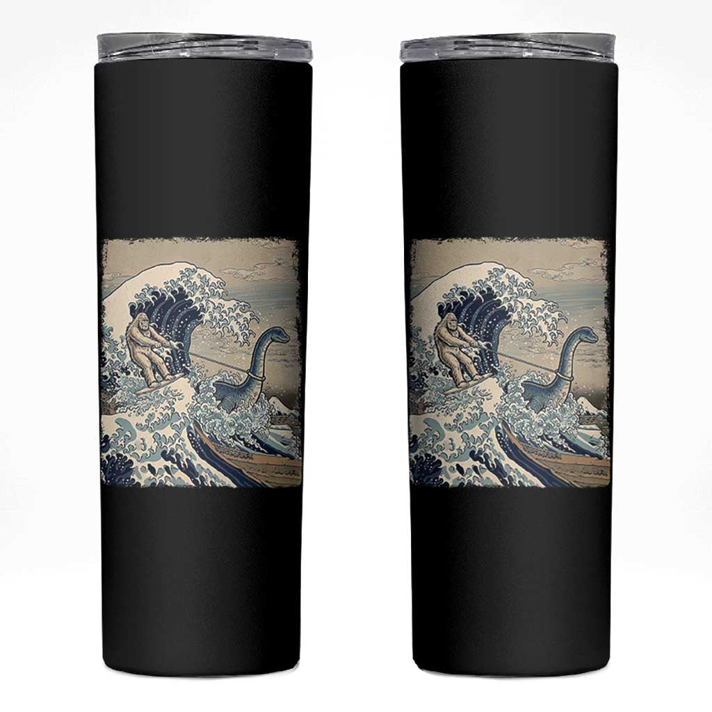 Funny Bigfoot Water Skiing Behind Nessie Skinny Tumbler Ukiyoe Inspired Wave Art