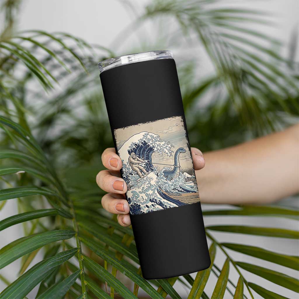 Funny Bigfoot Water Skiing Behind Nessie Skinny Tumbler Ukiyoe Inspired Wave Art