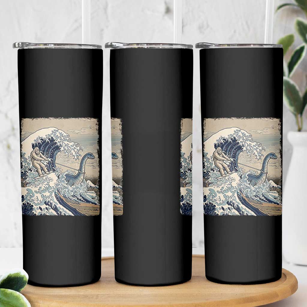 Funny Bigfoot Water Skiing Behind Nessie Skinny Tumbler Ukiyoe Inspired Wave Art