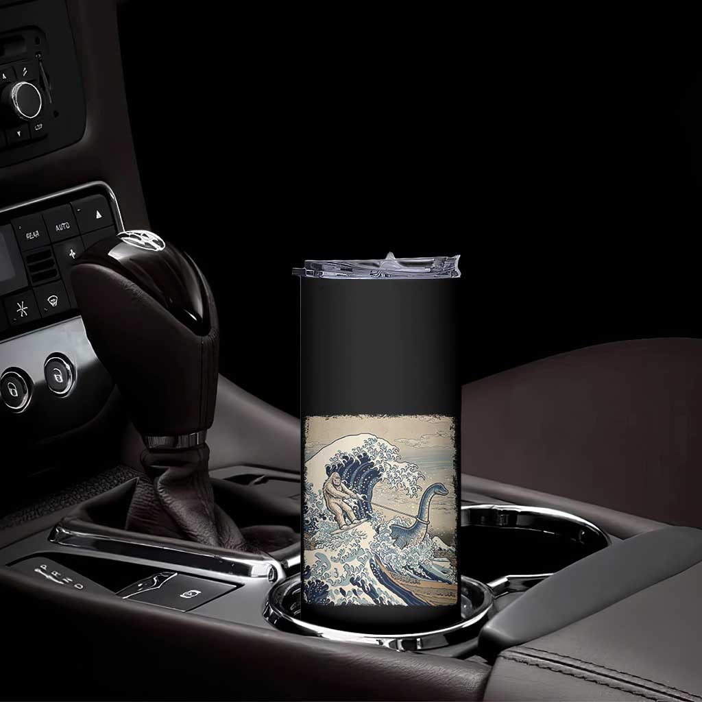 Funny Bigfoot Water Skiing Behind Nessie Skinny Tumbler Ukiyoe Inspired Wave Art
