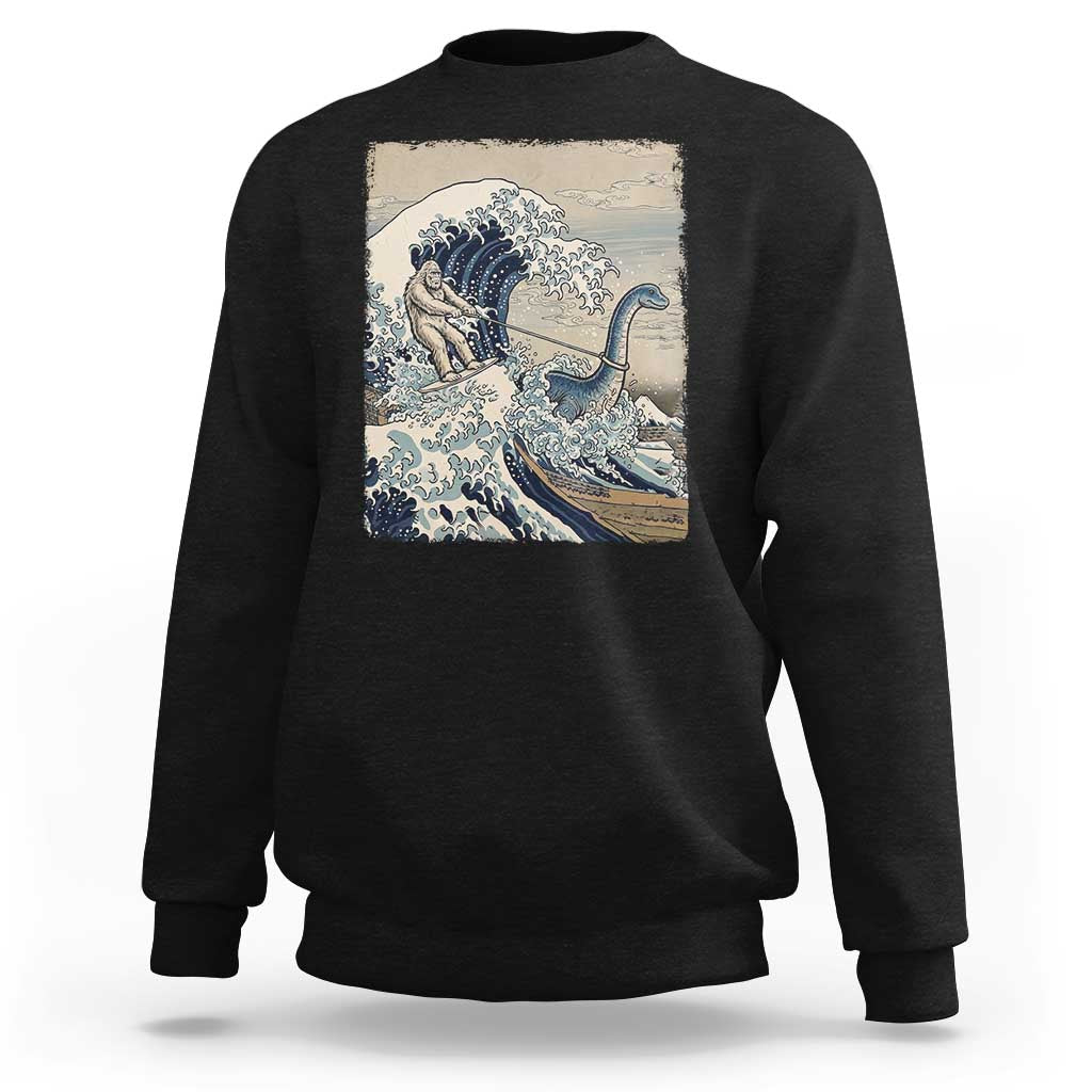 Funny Bigfoot Water Skiing Behind Nessie Sweatshirt Ukiyoe Inspired Wave Art