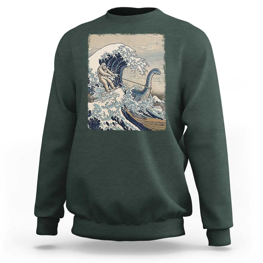 Funny Bigfoot Water Skiing Behind Nessie Sweatshirt Ukiyoe Inspired Wave Art