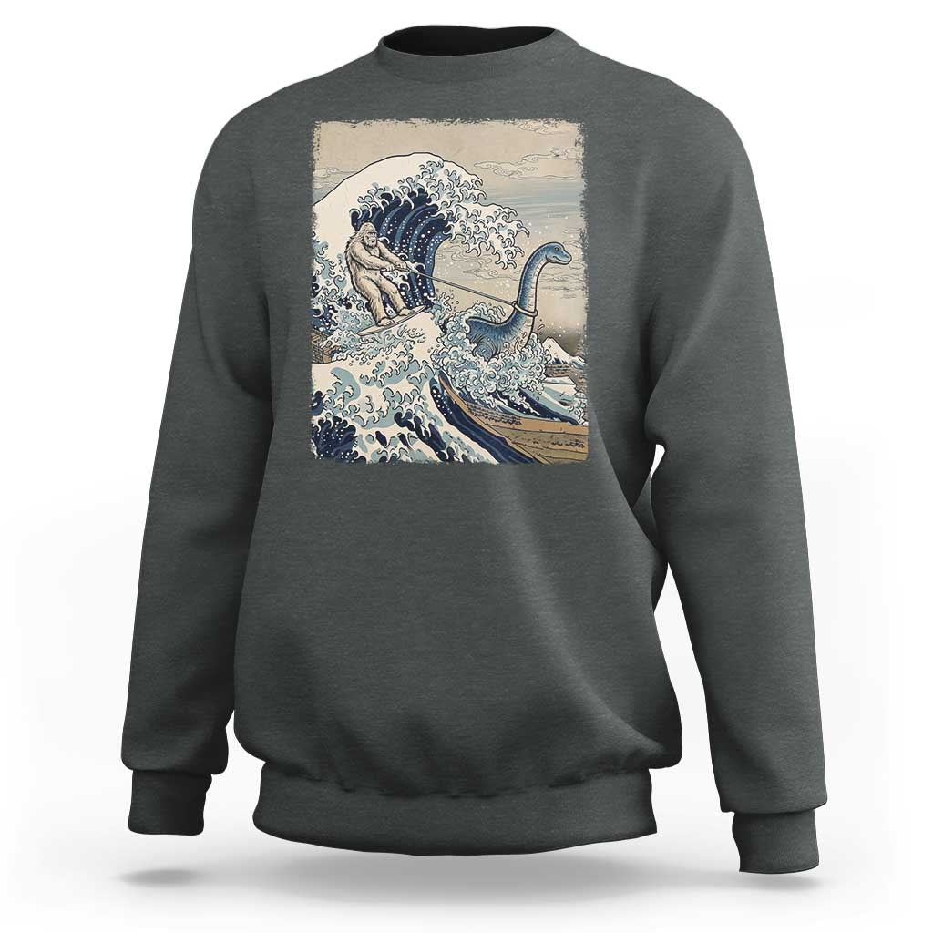 Funny Bigfoot Water Skiing Behind Nessie Sweatshirt Ukiyoe Inspired Wave Art