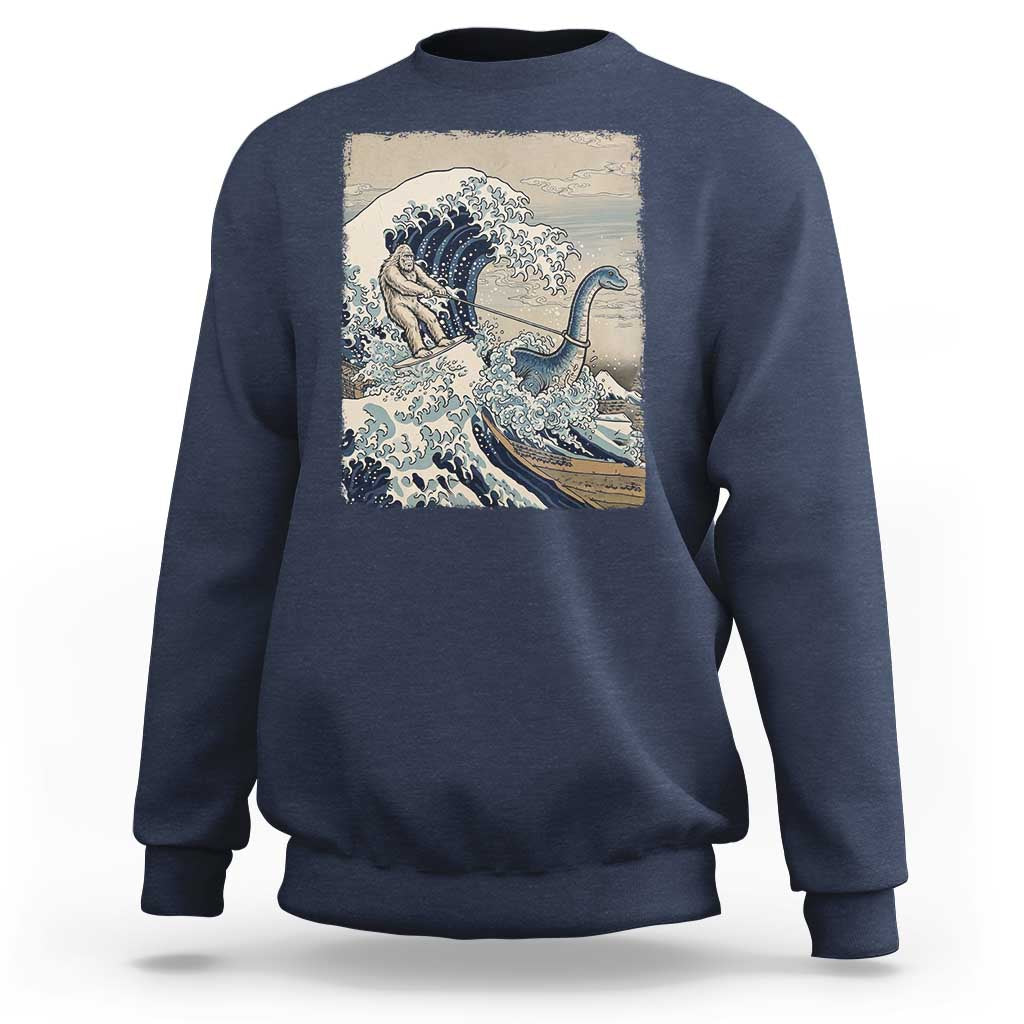 Funny Bigfoot Water Skiing Behind Nessie Sweatshirt Ukiyoe Inspired Wave Art