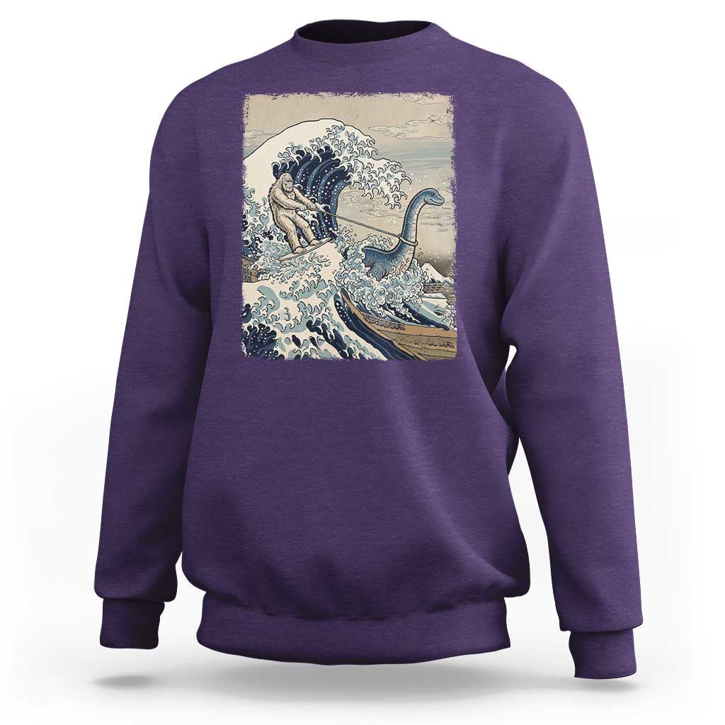 Funny Bigfoot Water Skiing Behind Nessie Sweatshirt Ukiyoe Inspired Wave Art