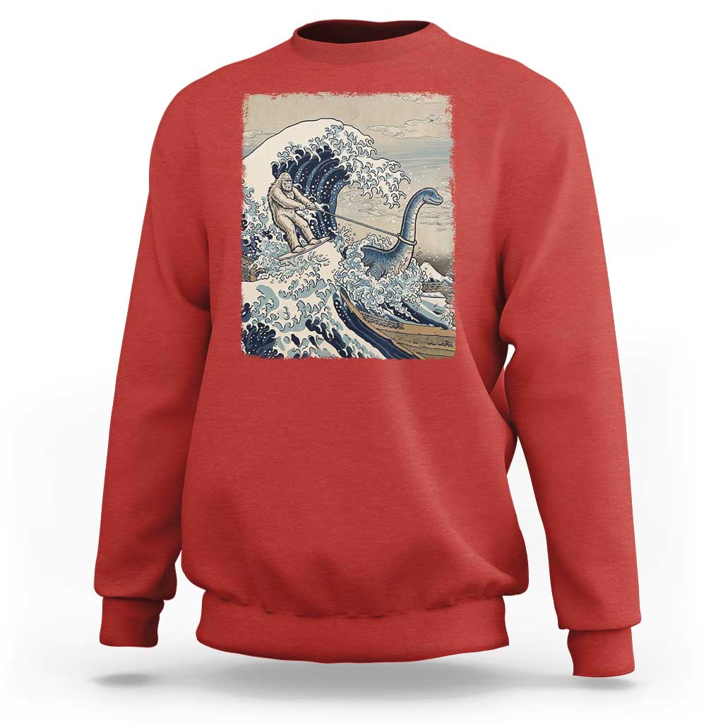 Funny Bigfoot Water Skiing Behind Nessie Sweatshirt Ukiyoe Inspired Wave Art