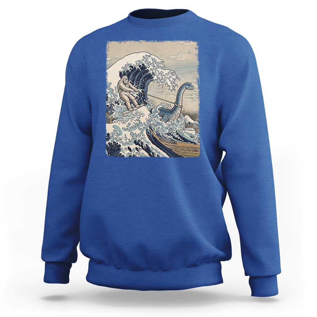 Funny Bigfoot Water Skiing Behind Nessie Sweatshirt Ukiyoe Inspired Wave Art