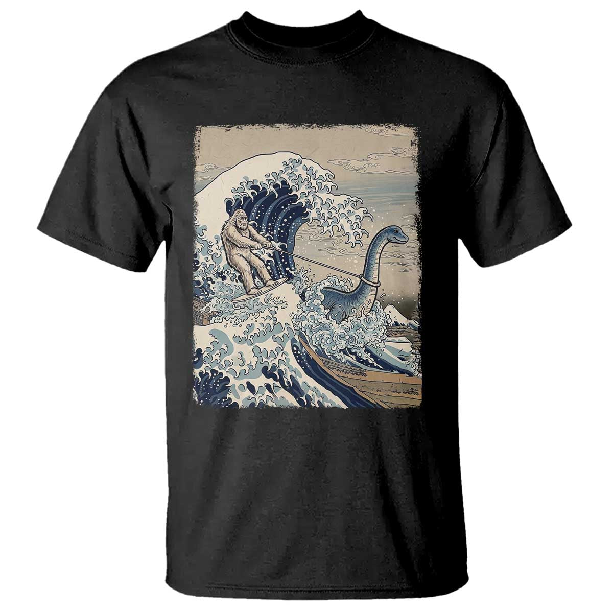 Funny Bigfoot Water Skiing Behind Nessie T Shirt Ukiyoe Inspired Wave Art