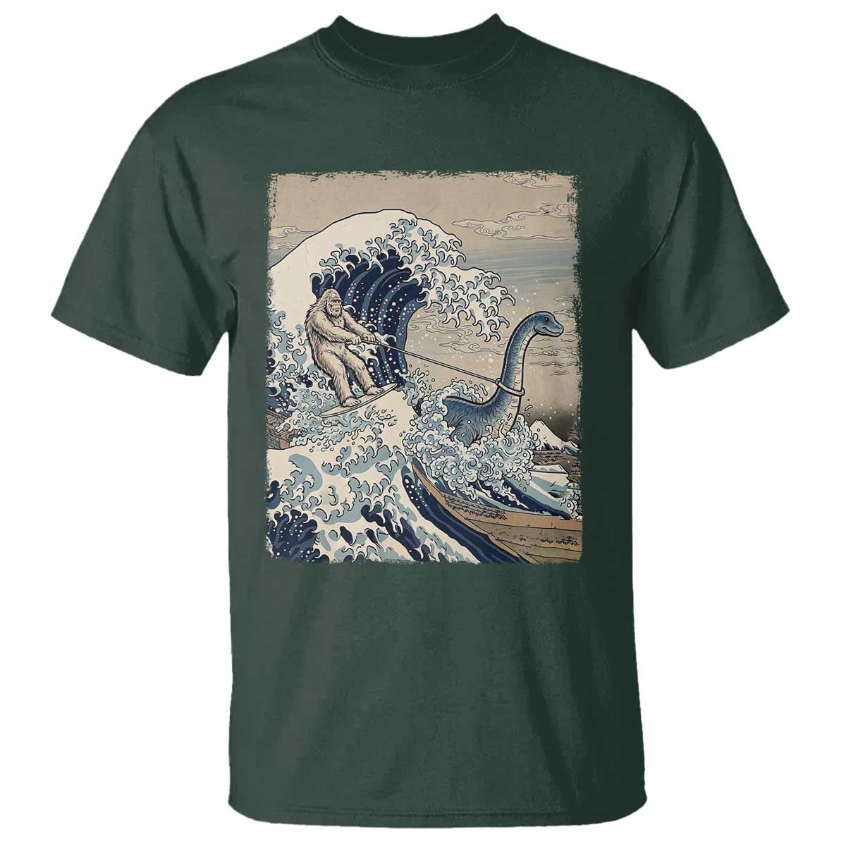 Funny Bigfoot Water Skiing Behind Nessie T Shirt Ukiyoe Inspired Wave Art