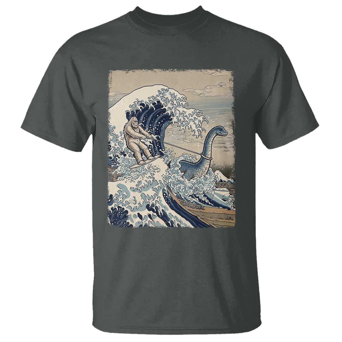 Funny Bigfoot Water Skiing Behind Nessie T Shirt Ukiyoe Inspired Wave Art
