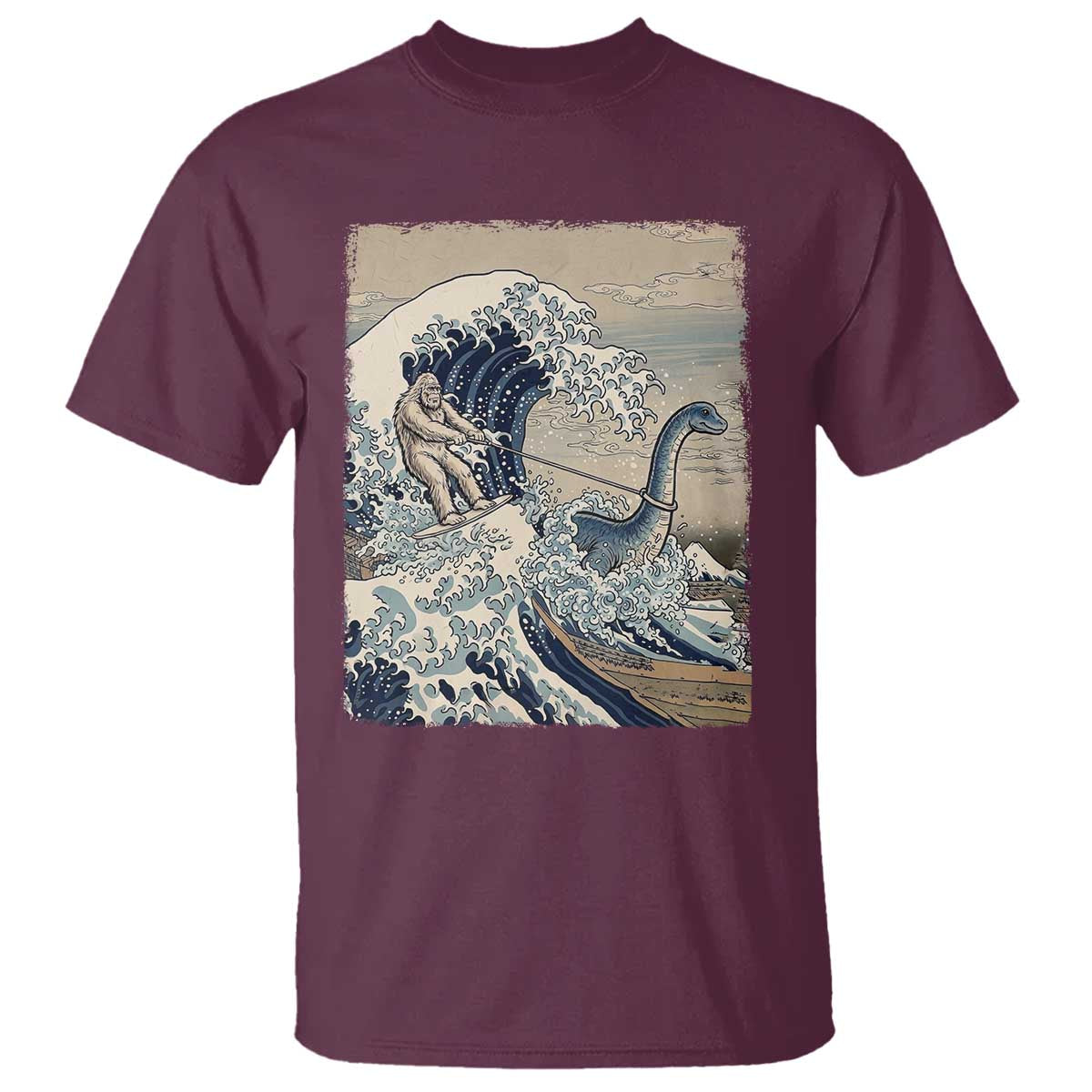 Funny Bigfoot Water Skiing Behind Nessie T Shirt Ukiyoe Inspired Wave Art