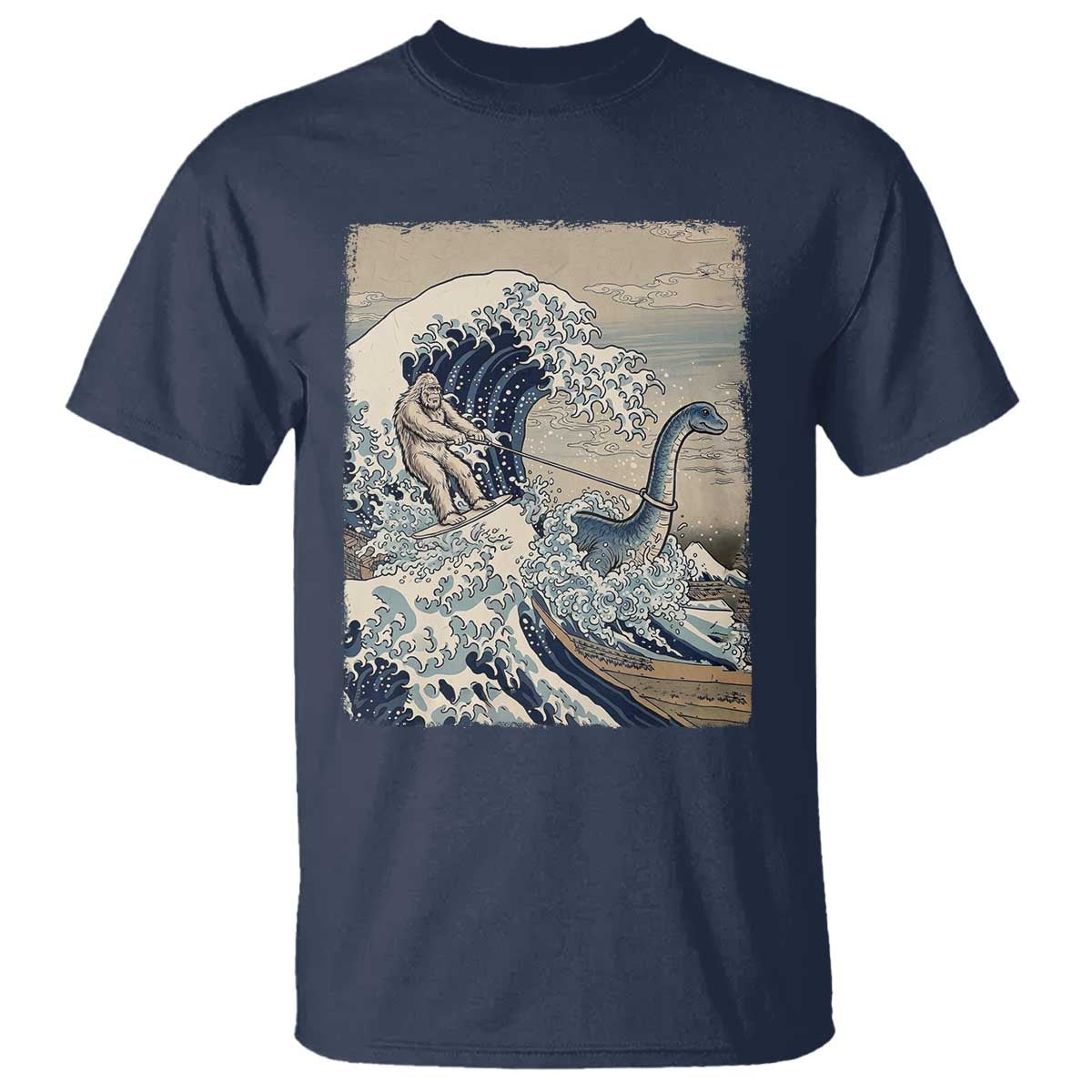 Funny Bigfoot Water Skiing Behind Nessie T Shirt Ukiyoe Inspired Wave Art