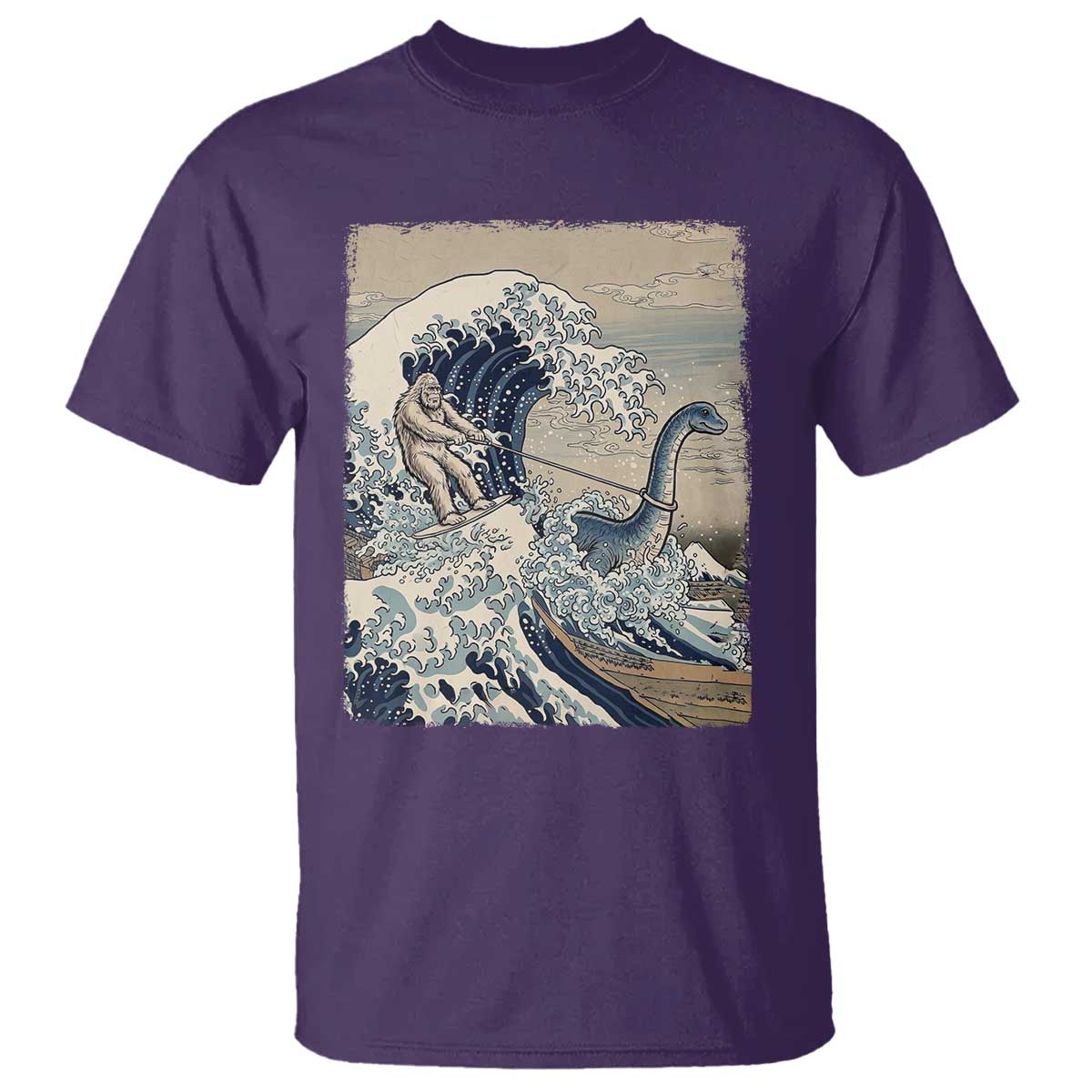 Funny Bigfoot Water Skiing Behind Nessie T Shirt Ukiyoe Inspired Wave Art