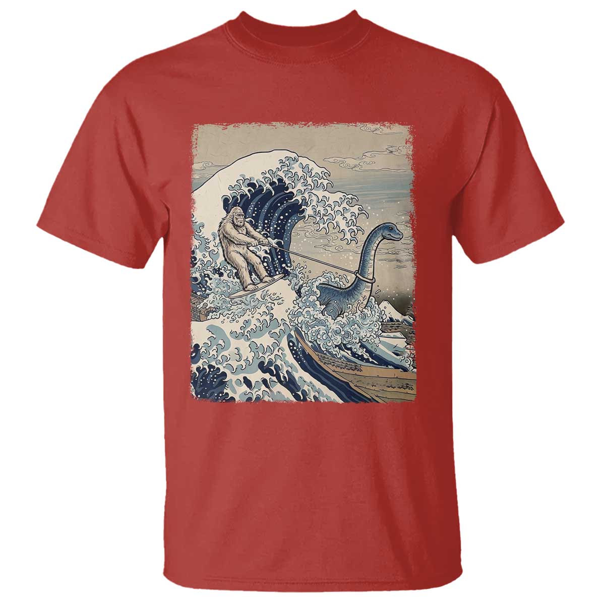 Funny Bigfoot Water Skiing Behind Nessie T Shirt Ukiyoe Inspired Wave Art
