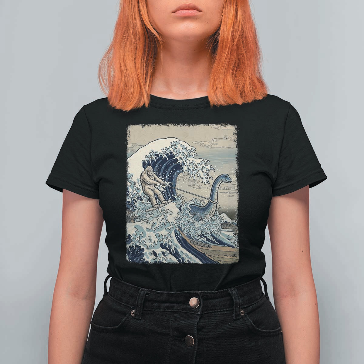 Funny Bigfoot Water Skiing Behind Nessie T Shirt For Women Ukiyoe Inspired Wave Art