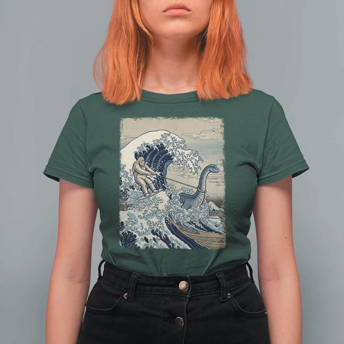 Funny Bigfoot Water Skiing Behind Nessie T Shirt For Women Ukiyoe Inspired Wave Art