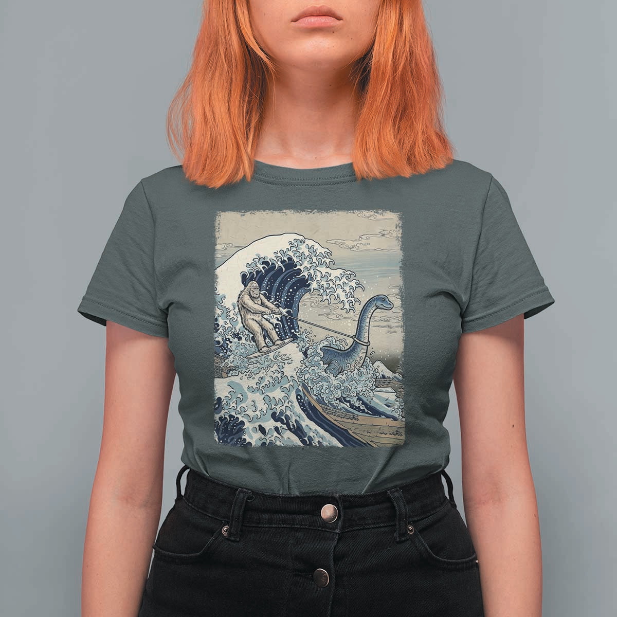 Funny Bigfoot Water Skiing Behind Nessie T Shirt For Women Ukiyoe Inspired Wave Art