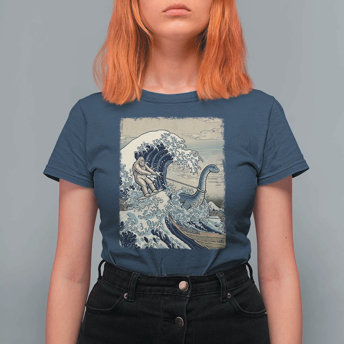 Funny Bigfoot Water Skiing Behind Nessie T Shirt For Women Ukiyoe Inspired Wave Art
