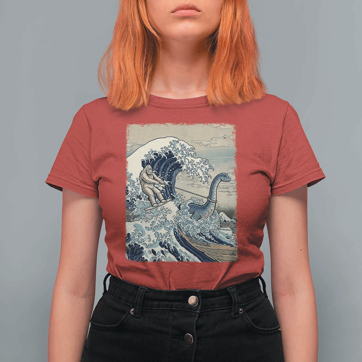 Funny Bigfoot Water Skiing Behind Nessie T Shirt For Women Ukiyoe Inspired Wave Art
