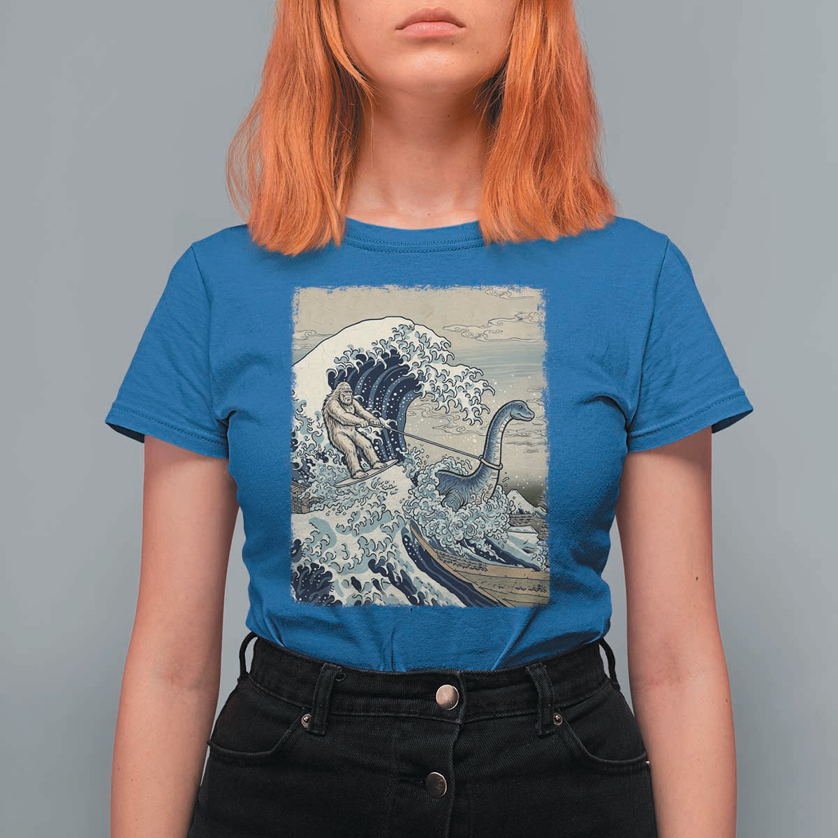 Funny Bigfoot Water Skiing Behind Nessie T Shirt For Women Ukiyoe Inspired Wave Art