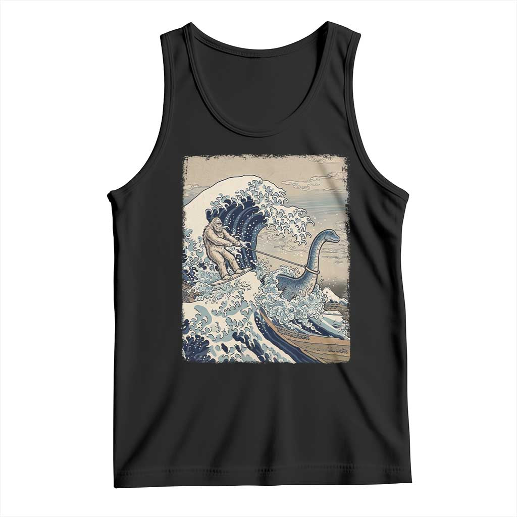 Funny Bigfoot Water Skiing Behind Nessie Tank Top Ukiyoe Inspired Wave Art