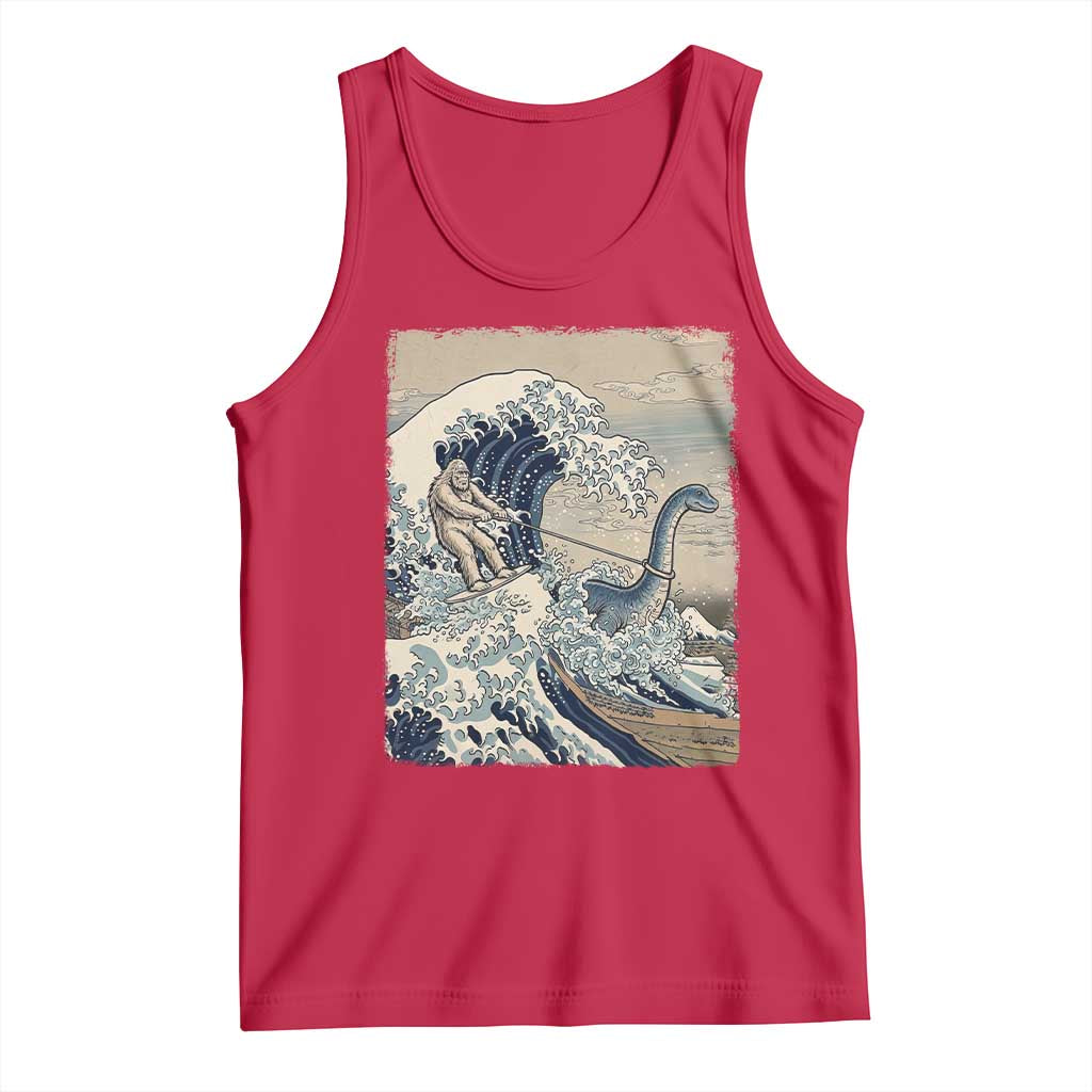 Funny Bigfoot Water Skiing Behind Nessie Tank Top Ukiyoe Inspired Wave Art