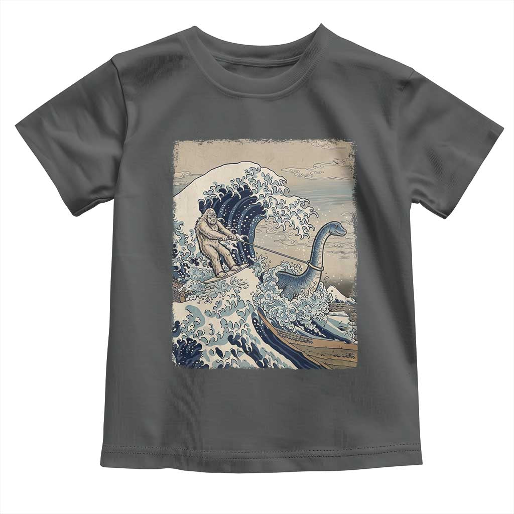 Funny Bigfoot Water Skiing Behind Nessie Toddler T Shirt Ukiyoe Inspired Wave Art