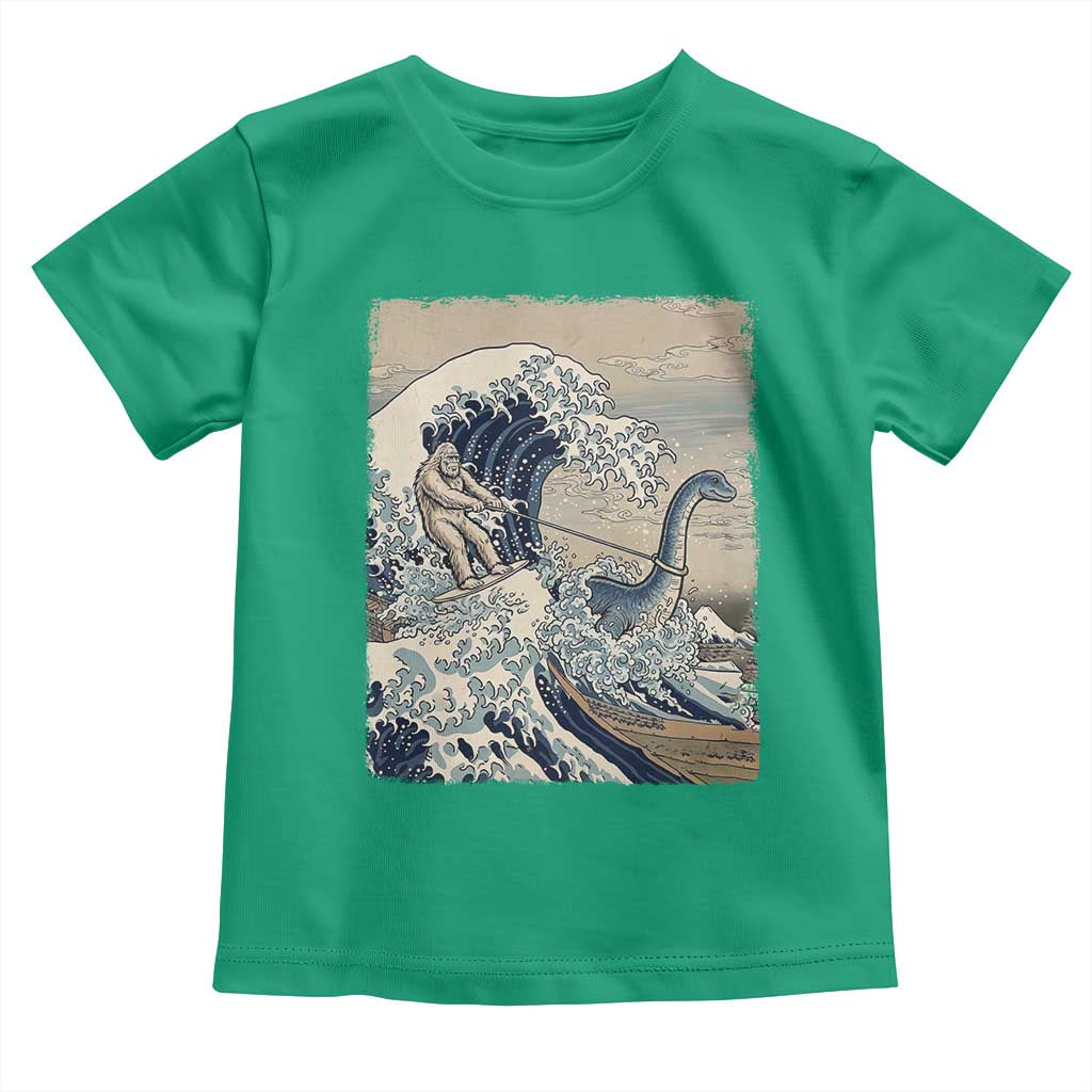 Funny Bigfoot Water Skiing Behind Nessie Toddler T Shirt Ukiyoe Inspired Wave Art