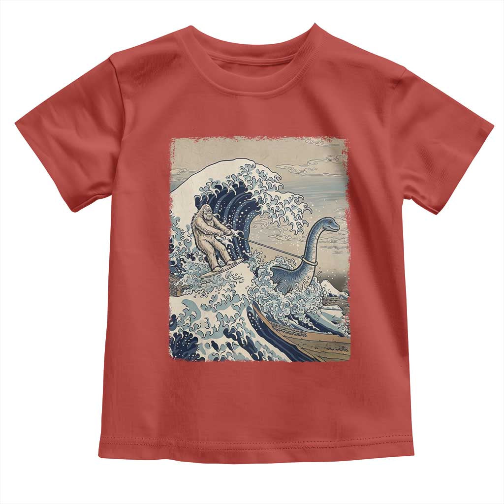 Funny Bigfoot Water Skiing Behind Nessie Toddler T Shirt Ukiyoe Inspired Wave Art