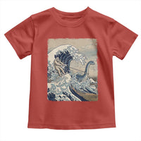 Funny Bigfoot Water Skiing Behind Nessie Toddler T Shirt Ukiyoe Inspired Wave Art