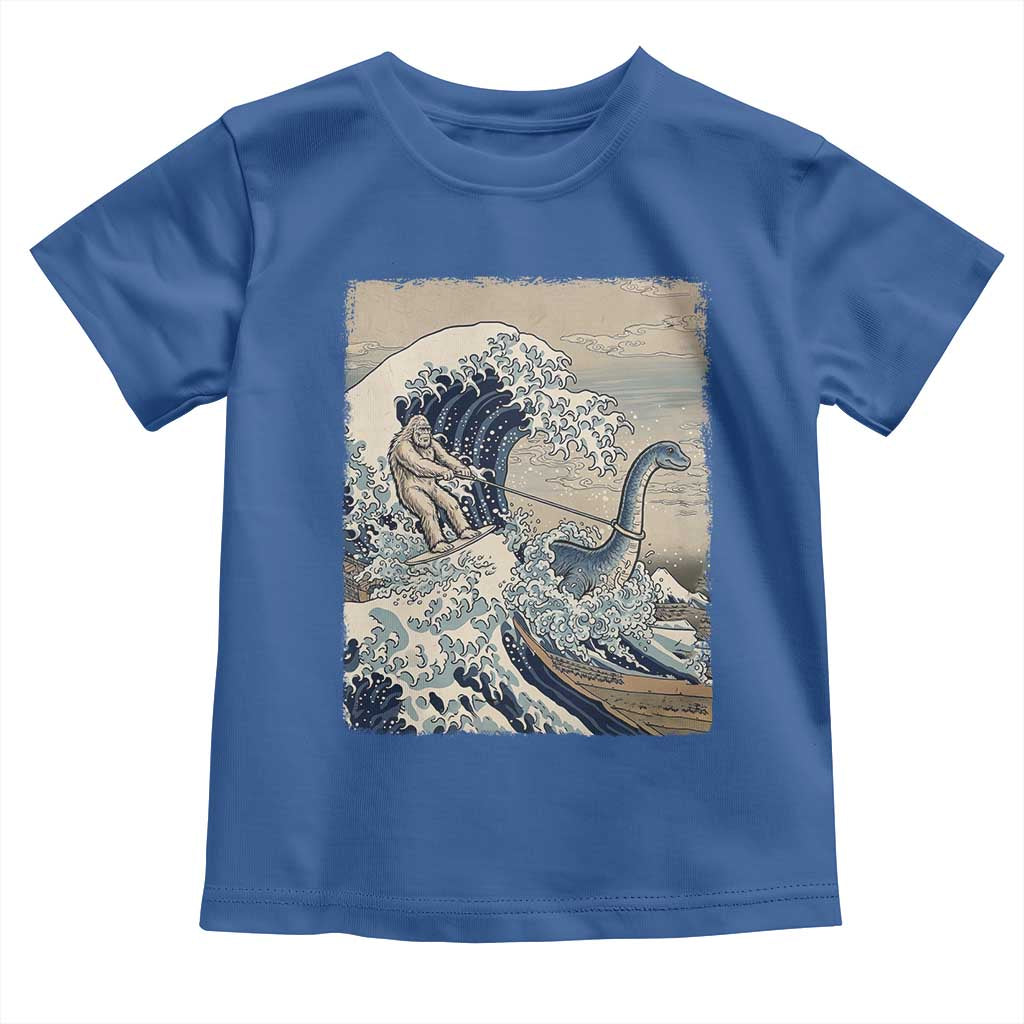 Funny Bigfoot Water Skiing Behind Nessie Toddler T Shirt Ukiyoe Inspired Wave Art