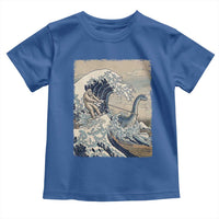 Funny Bigfoot Water Skiing Behind Nessie Toddler T Shirt Ukiyoe Inspired Wave Art