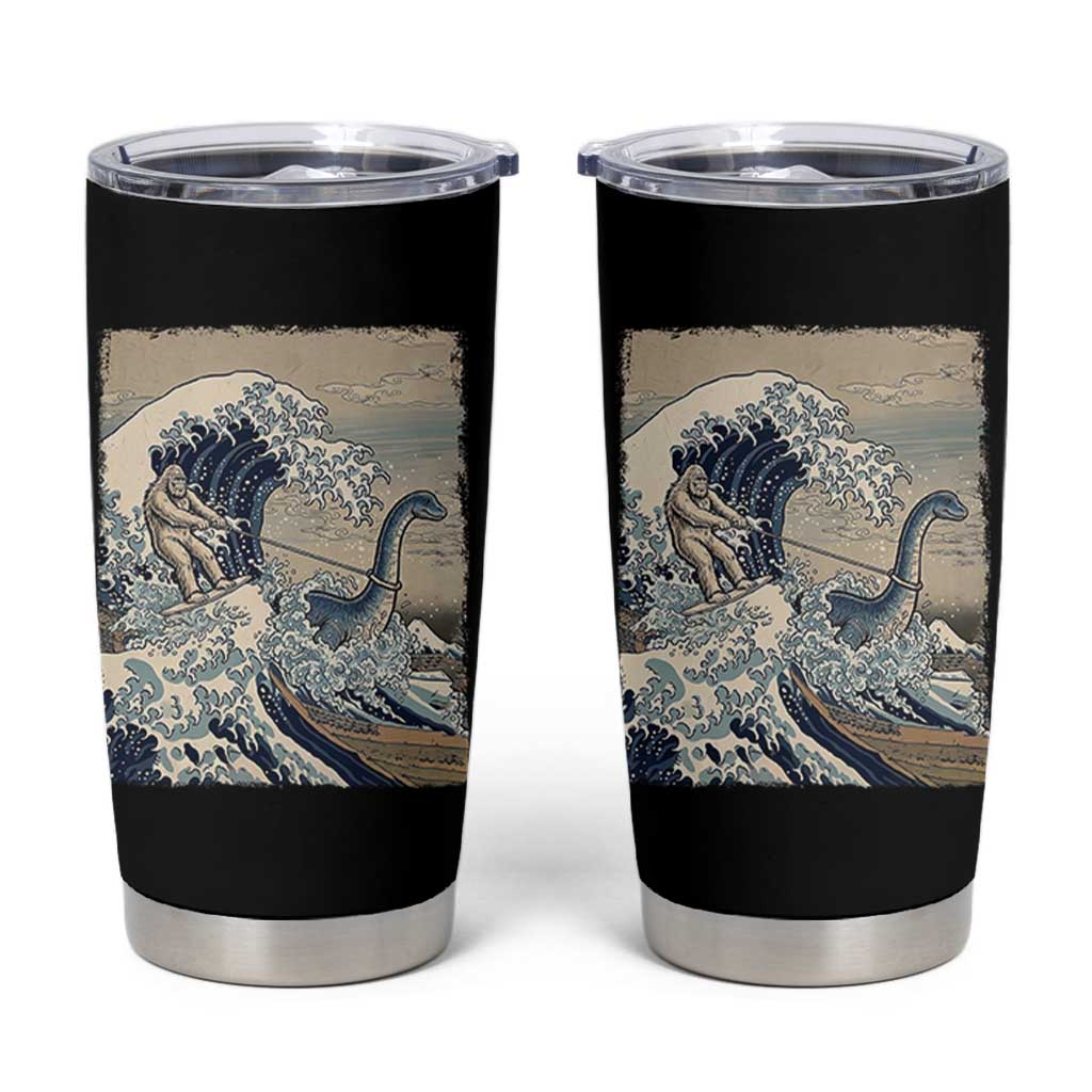 Funny Bigfoot Water Skiing Behind Nessie Tumbler Cup Ukiyoe Inspired Wave Art