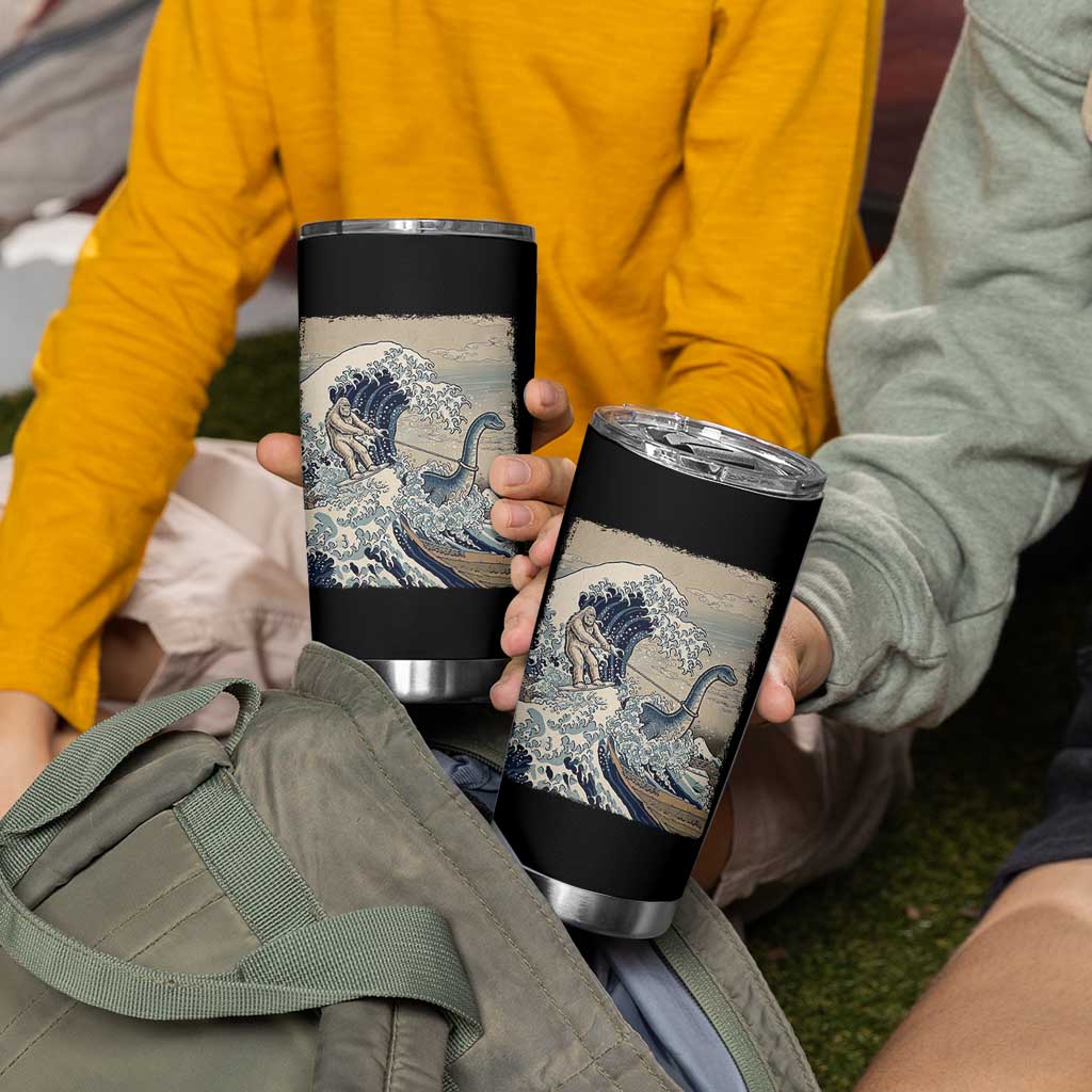 Funny Bigfoot Water Skiing Behind Nessie Tumbler Cup Ukiyoe Inspired Wave Art